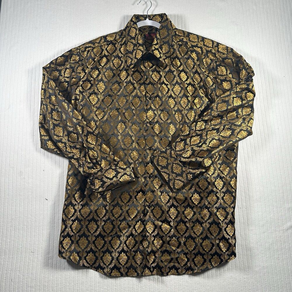 Sangi Monaco Men XXL Dress Shirt Black Gold Arabesque Damask High Collar
